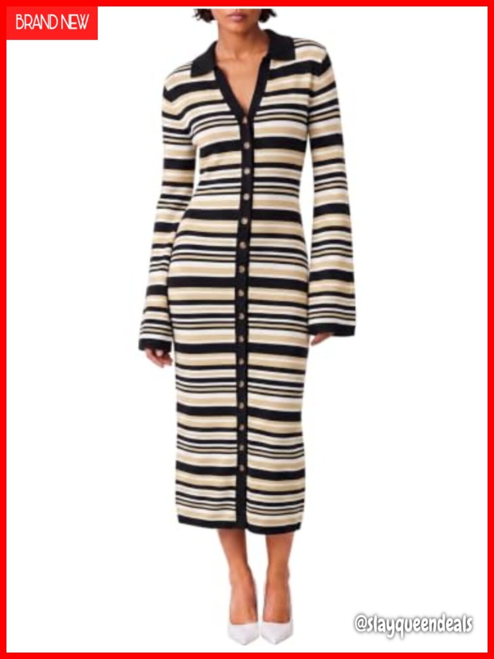 Women's Striped Button Down Midi Cardigan Sweater Dress Long Sleeve Knit